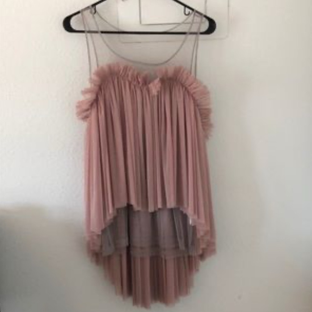 Pink Ruffled Contrast Mesh Yoke Sleeveless Top